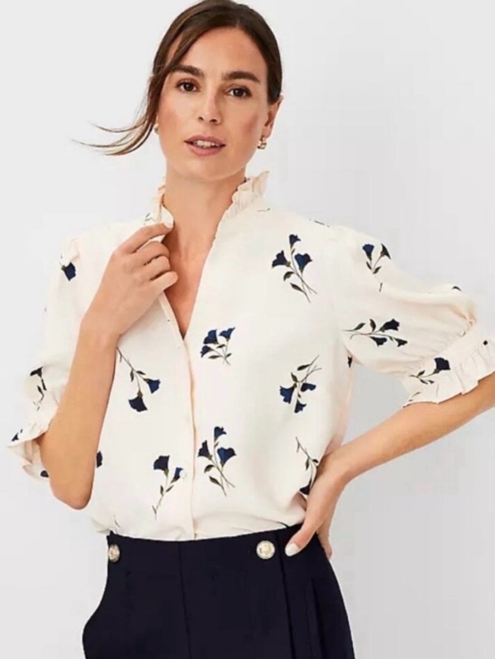 Ann Taylor Cream Blouse with Navy Floral Print